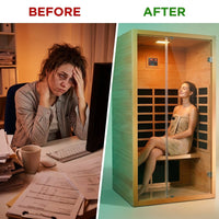 1 Person Extendable FAR Infrared Sauna for Home, Hemlock Wood Low EMF 6 Carbon Heaters Indoor Saunas with LED Lights, Bluetooth Speaker, Digital Control Panel, and Seating Bench — Before & After