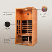 1 Person Extendable FAR Infrared Sauna for Home, Hemlock Wood Low EMF 6 Carbon Heaters Indoor Saunas with LED Lights, Bluetooth Speaker, Digital Control Panel, and Seating Bench — infographic